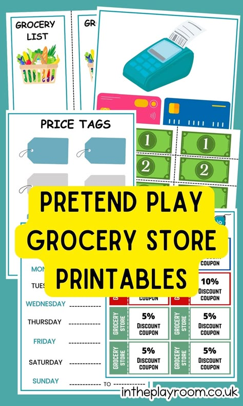 Free Printable Pretend Play Grocery Store For Kids - In The Playroom Grocery Store Printables Free, Grocery Store Pretend Play Free Printables, Diy Store For Kids, Grocery Store Art Preschool, Grocery Store Dramatic Play Printables Free, Farmers Market Dramatic Play Preschool Free Printables, Grocery Store Theme For Preschool, Free Dramatic Play Printables, Grocery Store Dramatic Play Printables