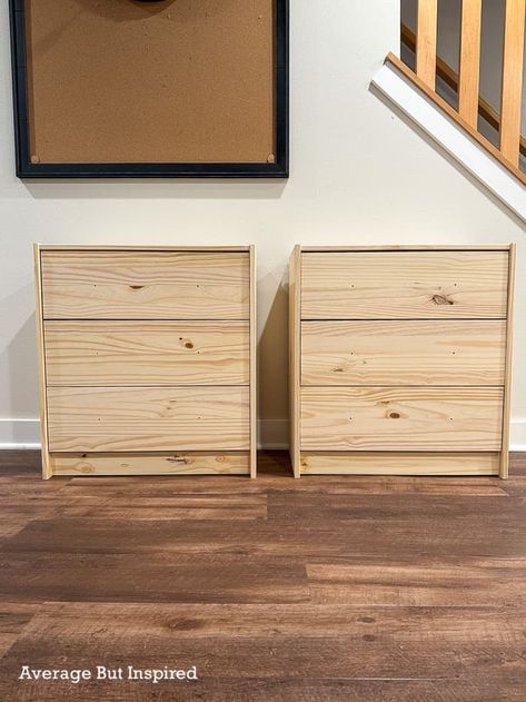 Ikea Malm Dresser Hack Night Stands, Ikea Small Dresser Hack, Ikea Dresser Hack Bedroom, Ikea Wood Nightstand, Ikea Dresser As Nightstand, Ikea Rast Stain, Ikea Dresser Nightstand, Diy 3 Drawer Nightstand Plans, Dresser To Nightstand Diy