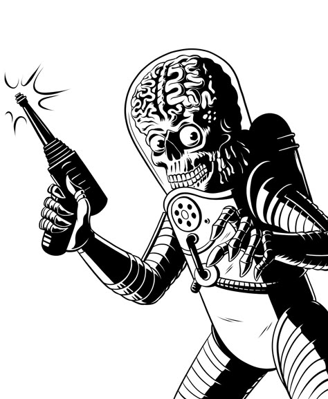 Black And White Horror, Traditional Tattoo Outline, Mars Attack, Frankenstein Art, Character Design Drawing, Mars Attacks, Desain Editorial, Horror Artwork, Alien Art