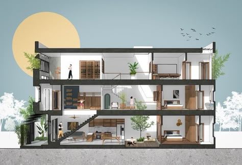 Interior Architecture Presentation, Section Perspective, House Section, Narrow House Designs, Interior Design Presentation, Architecture Concept Diagram, Architectural Rendering, Narrow House, Architecture Collage