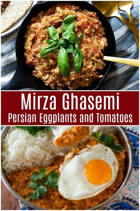 Persian smoked eggplant and tomatoes - Mirza ghasemi is a classic dish from Northern Iran. This smoked eggplant dip is served with rice and makes an easy, healthy vegetarian meal. You can find all the tips and tricks to make the best mirza ghasemi in the recipe! #mirzaghasemi #persianrecipe #persianfood #eggplants #tomatoes Vegetarian Eggplant Recipes, Persian Eggplant, Iranian Recipes, Tomato Dishes, Eggplant Recipe, Persian Cuisine, Persian Food, Eggplant Recipes, Middle Eastern Recipes