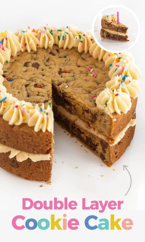 The best thick, chewy, and easy chocolate chip layered cookie cake! Includes vanilla buttercream recipe & decorating tips! Sheet Cookies Recipe, Stacked Cookie Cake, Layer Cookie Cake, Layered Cookie Cake, Cookie Cake Decorating Ideas, Vanilla Buttercream Recipe, Homemade Cookie Cakes, Chocolate Chip Cookie Cake Recipe, Cupcake Business