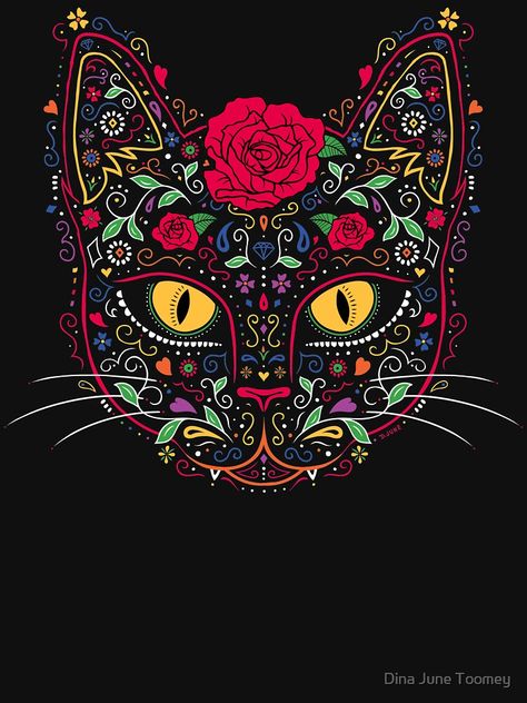 Cat Sugar Skull, Cat Rocks, Sugar Skull Illustration, Sugar Skull Painting, Folk Art Cat, Mexican Art Tattoos, Sugar Skull Cat, Mexican Furniture, Cats Art Drawing