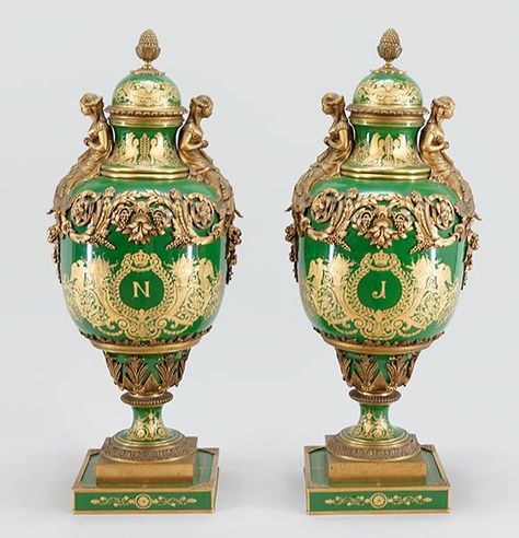 A Pair of French Sevres Urns. : Lot 1572007 St Louis Art Museum, Sevres Porcelain, St Louis Art, Modern Vases, Imperial Crown, Green Ground, Urn Vase, Napoleon Bonaparte, Deco Luminaire