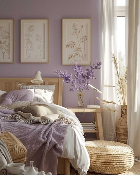 3 Interior Painting Design Color Schemes to Love • 333+ Art Images Purple Bedroom Aesthetic Pastel, Neutral And Purple Bedroom, Happy Colors For Bedroom, Master Bedrooms Pastel, Bedroom Colors Aesthetic, Boho Bedroom Lavender, Purple Room Interior, Room Colour Schemes Bedrooms, Pastel Bedroom Colors