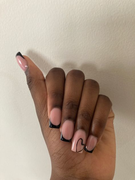 Black French Tip Nails With Heart Design, Black French Tip Nails With A Heart, Black French Tip Nails Square With Heart, Short Black French Tip Nails With Gems, Pink French Tip Nails With Stars, Black French Tips With Heart On Ring Finger, Extra Short Black French Tip Nails, Shiny Nails Designs, Overlay Nails