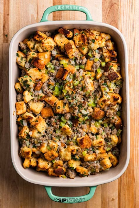 Italian Sausage Stuffing with Parmesan Classic Stuffing Recipe, Vegetarian Stuffing, Sausage Stuffing Recipe, Sage Stuffing, Gluten Free Stuffing, Sausage Stuffing, Sage Sausage, Herb Stuffing, Holiday Dishes