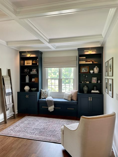 Built Ins With Reading Nook, Office With Built In Bookshelves And Desk, Window Seat And Bookcase, Bookcase By Window, Bumped Out Window Seat, Built In Window Seat And Shelves Bedroom, Built Ins By Window, Window Between Bookshelves, White Built Ins Around Window