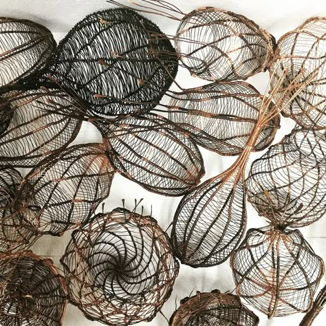 Baskets Made of Twisted Copper Wire Evoke Seed Pods, Marine Creatures, and Other Organic Forms | Colossal Contemporary Baskets, Sculpture Textile, Wire Art Sculpture, Willow Weaving, Wire Sculptures, Basket Case, Contemporary Crafts, Fibre Art, Wire Sculpture