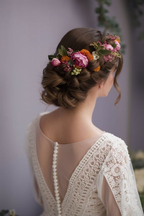 This stunning fall haircut features an intricate braided bun adorned with vibrant florals, ideal for autumn brides. The floral crown adds a rustic charm, making it perfect for outdoor weddings. The soft, romantic updo highlights the natural beauty of the season, ensuring you look elegant and timeless on your special day. Bridal Updo With Flowers And Veil, Bridal Hair With Floral Crown, Rustic Wedding Updo, Outdoor Wedding Hairstyles The Bride, Fall Bridal Hairstyles, Wedding Updo With Flowers, Soft Autumn Wedding, Boho Wedding Hair Updo, Soft Romantic Updo