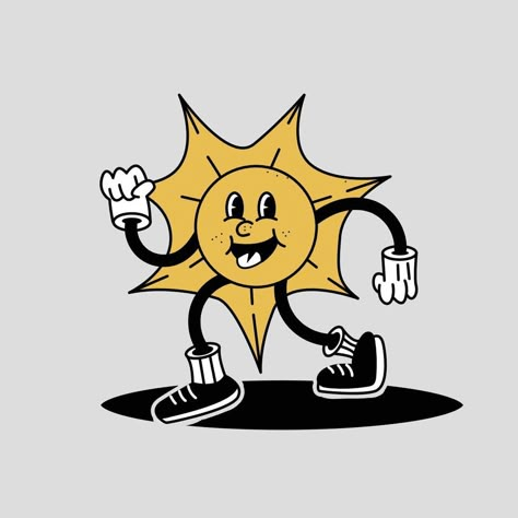 Cute funny Sun character. Retro Vector hand drawn cartoon character illustration icon.Sun character concept Retro Sun Character, Sun Character Design, Sun Character, Sun Cartoon, Walking Cartoon, 70s Cartoons, Cartoon Character Illustration, Funny Sun, Logos Retro