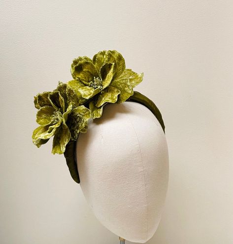 Olive green velvet fascinator headband, luxury charmeuse covered Headband, statement flower crown wedding,  Mother of bride, races, Wedding Mother Of Bride, Green Fascinator, Velvet Flower, Flower Fascinator, Fascinator Headband, Cardboard Gift Boxes, Brand Stickers, Velvet Flowers, Flower Crown Wedding