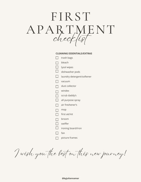 Checklist For New Apartment, Ultimate First Apartment Checklist, Furnishing A New Home Checklist, First Apartment Must Haves, Essentials First Apartment, Checklist First Apartment, New Apartment Checklist, Apartment Minimalist, Apartment Cozy