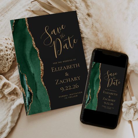 Modern Emerald Green Gold Agate Dark Save the Date Emerald Green And Gold, Green Weddings, Elegant Modern Wedding, Handwriting Script, Emerald Green Weddings, Modern Save The Dates, Dark Wedding, Wedding Needs, Date Invitation