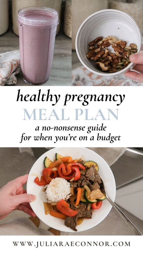 Healthy pregnancy meal plan on a budget! Quick Nourishing Meals, Healthy Pregnant Meals, First Trimester Nutrition, Body Prep For Pregnancy, Meal Prep Ideas For Pregnant Women, Pregnant Eating Plan, Second Trimester Dinner Ideas, 3rd Trimester Meal Plan, First Trimester Breakfast