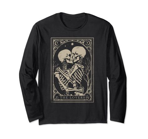 PRICES MAY VARY. This occult and goth shirt featuring the Lovers tarot card shirt is sure to appeal to palm and tarot readers, and gypsies. Perfect for those who practice paganism, or occultism, especially during Halloween or Valentine's Day. Official GoshWow merchandise. Those interested in black craft, witchcraft, emo and astrology, fortune-telling, palmistry, and divination will appreciate this grunge and goth shirt with Satanic imagery. Creepy Tarot Cards Goth Shirt ideal for anyone looking Goth Skeleton, Horror Clothes, Lovers Tarot Card, Tarot Card Shirt, The Lovers Tarot Card, Black Craft, The Lovers Tarot, Goth Shirt, Skeleton Halloween