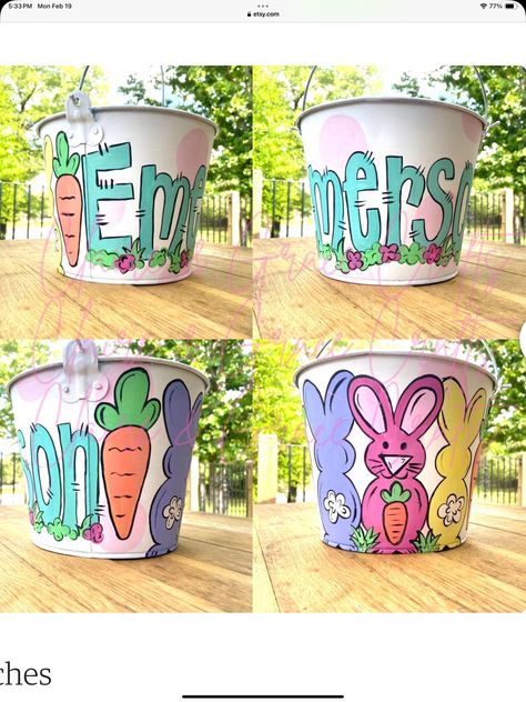 Painted Easter Baskets, Painted Buckets, Easter Pail, Personalized Easter Bucket, September Ideas, Tin Buckets, Painted Ideas, Metal Buckets, Basket Blue