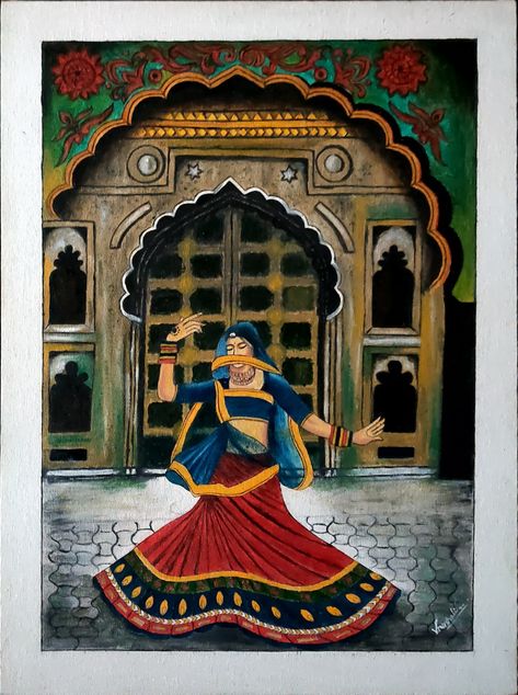 Rajasthani folk dancer 🎨🖌️ Rajasthani Women Illustration, Rajasthani Dance Painting, Rajasthani Art Paintings Canvases, Rajasthani Traditional Paintings, Rajasthani Lady Painting, Rajasthani Wallpaper, Rajasthani Art Paintings, Rajasthan Drawing, Rajasthani Drawing