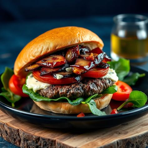 Blue Velvet Gourmet Burger Beef Burger Patty Recipe, Glazed Onions, Black And Blue Burger, Gourmet Burgers Recipes, Burger Patty Recipe, Burger Bites, Blue Cheese Burgers, Balsamic Onions, Gourmet Burger