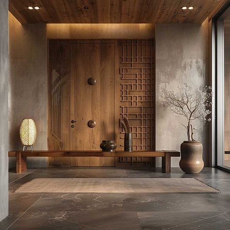 Asian Zen Wooden Door Design for Home • 333k+ Inspiring Lifestyle Ideas Wabi Sabi Entryway, Asian Zen Interior Design, Door Design For Home, Zen Interior Design, Asian Paints Colours, Japan House Design, Shoji Doors, Inspiring Lifestyle, Zen Interiors