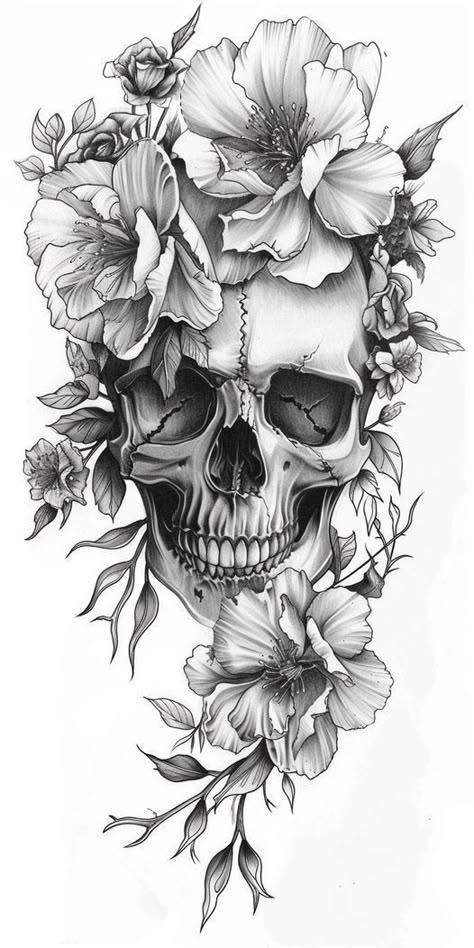 Pretty Skull Tattoos, Floral Skull Tattoos, Gotik Tattoo, Feminine Skull Tattoos, Kunst Tattoos, Floral Tattoo Sleeve, Gothic Tattoo, Arm Sleeve Tattoos, Tattoo Design Book