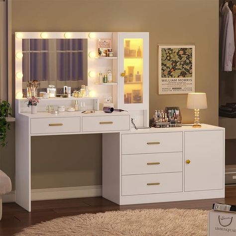 Makeup Vanity Desk Light Bulbs & RGB Cabinets Drawers Storage Shelves - On Sale - Bed Bath & Beyond - 39945924 Makeup Table With Lights, Makeup Vanity With Lights, Vanity With Lights, Modern Vanity Table, Vanity Desk With Mirror, Makeup Vanity Lighting, White Makeup Vanity, Glass Cabinet Door, Desk Vanity