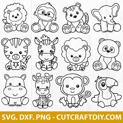 Jungle Jaunt: Illustrated Jungle Clipart Animals Jungle Animals Drawing, Jungle Animals Printable, Easy Balloon Animals, Zoo Clipart, Cute Jungle Animals, Jungle Clipart, Cricut Animals, Banner Doodle, Baby Zoo Animals