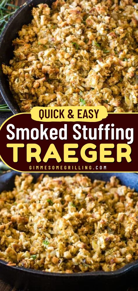 Quick and easy side dish recipe using your electric pellet grill. This Traeger Smoked Stuffing is perfect for your holiday dinners! It goes great with turkey, prime rib, roasted chicken or about any main dish you can make! An easy Traeger Recipe with so much flavor from using your smoker that you’ll never make dressing another way! Smoked Stuffing, Thanksgiving Side Dishes Easy, Favorite Casseroles, Traeger Recipes, Smoked Cooking, Side Dish Recipes Easy, Easy Side Dish, Easy Homemade Recipes, Delish Recipes