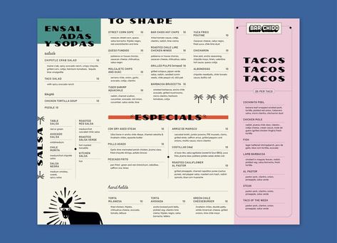 Mexican Restaurant Menu Design, Mexican Restaurant Menu, Modern Mexican Restaurant, Menu Design Restaurant, Resturant Menu, Restaurant Brand Identity, Tacos Menu, Menu Design Layout, Bubble Tee