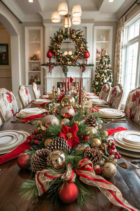 50 Christmas Centerpiece Ideas to Inspire Your Holiday Table Red And Black Checkered Christmas Table Decor, Christmas Decor Ideas For Party Tables, Reindeer Christmas Table Decor, Tradition Christmas Decor, Center Pieces For Christmas Parties, Large Table Christmas Centerpiece, Table Christmas Tree Decorations, Christmas Buffet Centerpieces, Christmas Dining Room Centerpiece Ideas