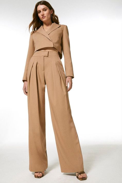 [Promotion] Head Into The New Season In These Statement-Making High-Waisted Trousers. Detailed With A Pleated Accent, Bar Closure And Relaxed Shape, They Pair Beautifully With The Coordinating Cropped Blazer. #trouserpantspattern2023 Pure Dramatic, Trouser Pants Pattern, Wide Leg Trousers Outfit, Trouser Outfit, Soft Dramatic, Fall 23, Cropped Blazer, Karen Millen, Pants Pattern