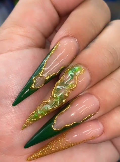 Jade Green And Gold Nails, Green And Copper Nails, Dark Green Stiletto Nails, Money Green Nails, Green Stiletto Nails Designs, Gold And Emerald Nails, Green Jade Nails, Green Nails Stiletto, Green Stilleto Nails