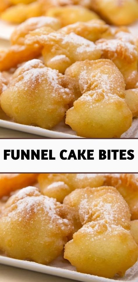 HOMEMADE FUNNEL CAKE BITES RECIPE Funnel Cakes Recipe Easy, Funnel Cake Bites Easy, Funnel Cake Bites Recipe, Cake Bites Recipe, Funnel Cake Recipe Easy, Funnel Cake Fries, Funnel Cake Bites, Homemade Funnel Cake, Funnel Cake Recipe