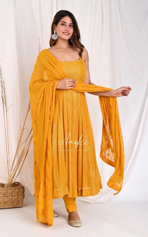 Mustard Yellow Anarkali Suit Set Strappy Anarkali, Satin Anarkali, Yellow Anarkali Suits, Yellow Anarkali, Kurta Pants, Indian Anarkali, Plain Pants, Georgette Dupatta, Indian Gowns Dresses