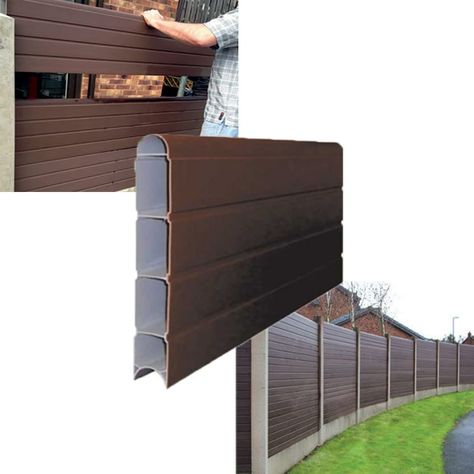 This is the best new thing, love how it looks on my fence, no need for ugly wood or concrete these looks amazing and very cheap in price and to maintain, ill even come help ya lol Plastic Fencing, Fencing Panels, Composite Fencing, Concrete Posts, Composite Fence, Fence Boards, Timber Panelling, School Garden, Fence Ideas