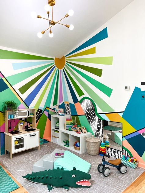 Colorful Playroom Playroom Paint, Playroom Mural, Indoor Playroom, Diy Playroom, Play Corner, Colorful Playroom, Preschool Rooms, Basement Playroom, Kids Room Murals