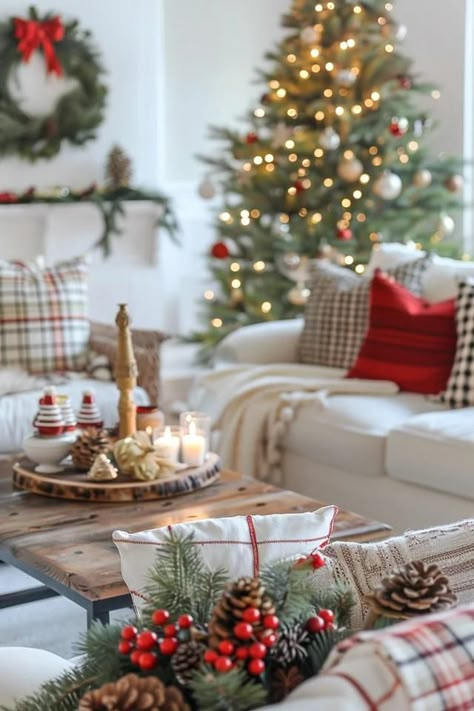 Cozy Christmas Living Room Decor Ideas Curated Christmas Decor, Simple Living Room Christmas Decor, Christmas Decorating Styles, Holiday Decor Christmas Living Room, Cozy Christmas Aesthetic Living Room, Christmas Living Room Apartment, Cozy Christmas Living Room Ideas, Cozy Christmas Decor Living Room, Neutral Christmas Decor With Pops Of Red