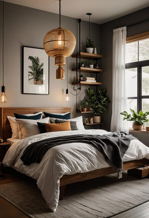 Urban Modern Bedroom Ideas, Bedroom Decor Dark Wood, Colorful Bohemian Bedroom Decor, Industrial Boho Bedroom, Bedroom For Teenage Girl, Colorful Bohemian Bedroom, Black Boho Bedroom, Lighting Bedroom Ideas, Wood Bedroom Ideas