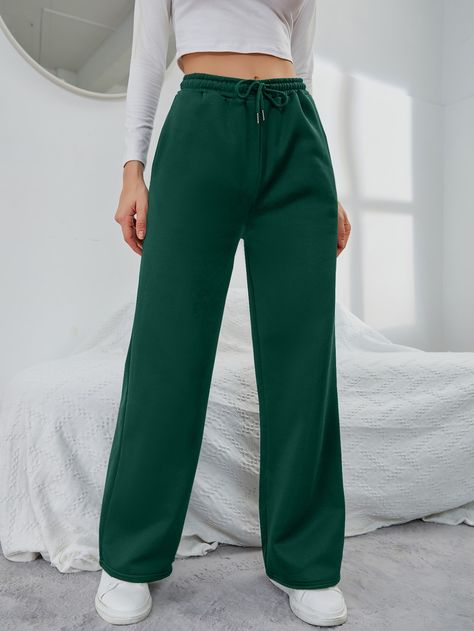 Dark Green  Collar  Fabric Plain  Embellished Slight Stretch All Women Bottoms Joggers Outfit Women, Straight Sweatpants, Women Sweatpants, Pocket Sweatpants, Denim Jeans Pants, Green Joggers, Fashion Top Outfits, Women's Outfits By Occasions, Joggers Outfit