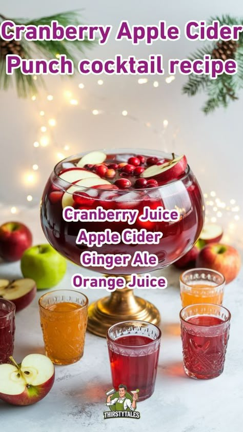 I'm excited to share this refreshing Cranberry Apple Cider Punch cocktail recipe 🍏🍹. It's perfect for any gathering, using simple ingredients and easy steps to create a delicious drink. Cranberry Apple Cider Cocktail, Apple Cider Holiday Drink, Thanksgiving Drinks Alcohol Cranberry, Apple Cider Cranberry Drink, Apple Cider Punch Alcohol, Apple Cider Punch Non Alcoholic, Punch With Cranberry Juice, Cranberry Apple Cider Punch, Non Alcoholic Drinks Holiday