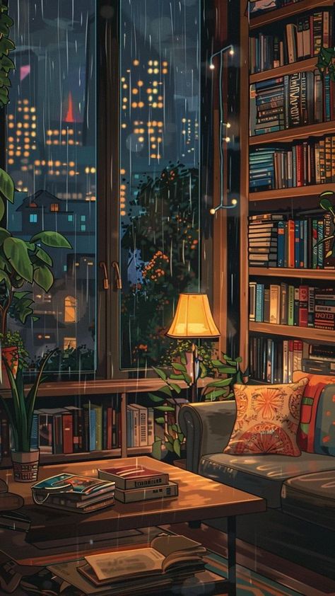 Night Room Illustration, Cosy Book Corner, Room Full Of Books, Sofa Lamp, Cityscape Illustration, Cozy Reading Corners, Dreamy Artwork, Tablet Wallpaper, Cool Wallpapers Art