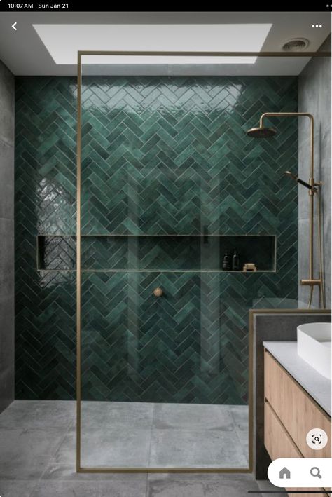 Unique Bathroom Remodel, Waterfall Tile Bathroom, Brushed Brass Shower Screen, Brushed Brass Bathroom Ideas, Green Tile Shower Wall, Green Brass Bathroom, Green Tile Showers, Tulum Inspired Bathroom, Green Tile Shower Bathroom