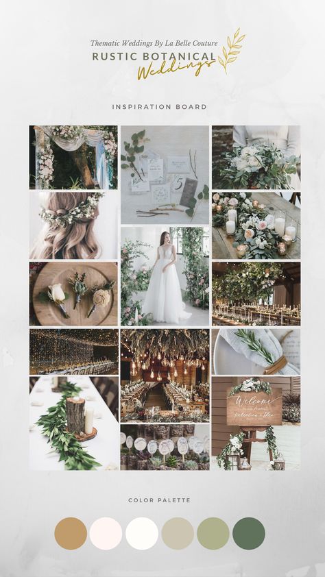 Wedding Themes Eucalyptus, Green Natural Wedding Theme, Natural Colour Wedding Theme, Earthy Tones For Wedding, Wedding Botanical Theme, Eucalyptus Wedding Mood Board, Simple Wedding Palette, Light Boho Wedding Theme, Rustic Botanical Wedding Decor