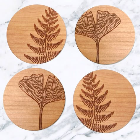 Wood Etching, Leaf Coasters, Laser Cut Coaster, Wood Burn Designs, Coaster Art, Laser Cut Wood Crafts, Laser Engraved Ideas, Wood Burning Crafts, Wood Burning Patterns