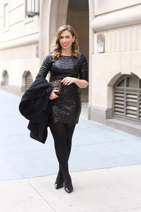 Sequin Dress Black Tights, Black Sequin Dress Outfit, Office Holiday Party Outfit, Sequin Dress Outfit, Backseam Tights, Sequin Holiday Dress, Holiday Party Outfit Ideas, Winter Outfit Casual, Sparkly Tights