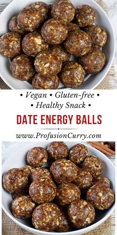 These date-nut balls are easy to make, great to eat, and filled with healthful fats, protein, natural sugar and carbs! These four ingredients date balls are perfect for healthy snack or no-bake dessert. Date Recipes Healthy, Date Energy Balls, Nut Balls, Protein Balls Healthy, Gluten Free Snacks Healthy, Energy Balls Healthy, Date Balls, Protein Balls Recipes, Energy Bites Recipes