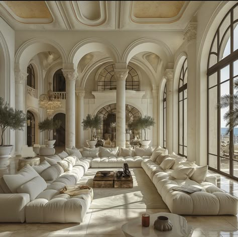 White Mansion Living Room, Modern Fancy House Interior, All White Mansion, Old Money Mansion Living Room, White Manor House, London Townhouse Interior Living Rooms, House Interior Old Money, Rich House Living Room, Castle Living Room Aesthetic