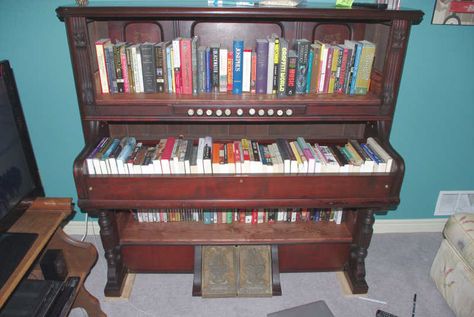 Reusing Old Salvaged Junk | Ouch. This is really hard to watch. 'Where pianos go to die' | Page 2 ... Piano Crafts, Pump Organ, Old Piano, Piano Gifts, Piano Decor, Creative Bookshelves, Piano Parts, Cool Bookshelves, Piano Art