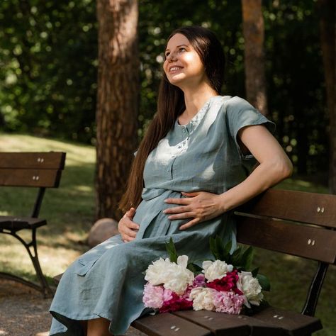 Maternity Dress/100% Linen Dress for Baby Shower/Button Dress Postpartum Pregnancy Clothes, pregnant woman sitting on a bench with flowers. Front Button Dress, Dress For Baby Shower, Maternity Dresses Summer, Pregnancy Clothes, Dress For Baby, Summer Pregnancy, Summer Linen Dresses, Baby Shower Dresses, Maternity Photoshoot