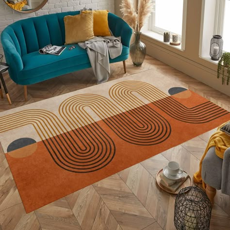 Colorful Boho Chic Living Room, Modern Colorful Rugs, Mid Century Carpet, Midcentury Boho, Mid Century Modern Rugs, Mid Century Modern Rug, Orange Couch, Area Rug Kitchen, Indian Living Rooms